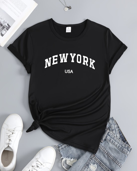 New York & USA Letter Graphic Casual Sports T-shirt, Fashion Short Sleeves Running Workout Tops, Women’s Activewear – PRYCUS MITCHELL INC