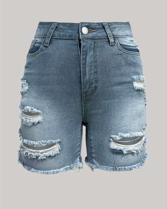 Ripped Raw Hem Denim Shorts, Distressed Washed Blue Denim Shorts, Women’s Denim Jeans & Clothing – PRYCUS MITCHELL INC