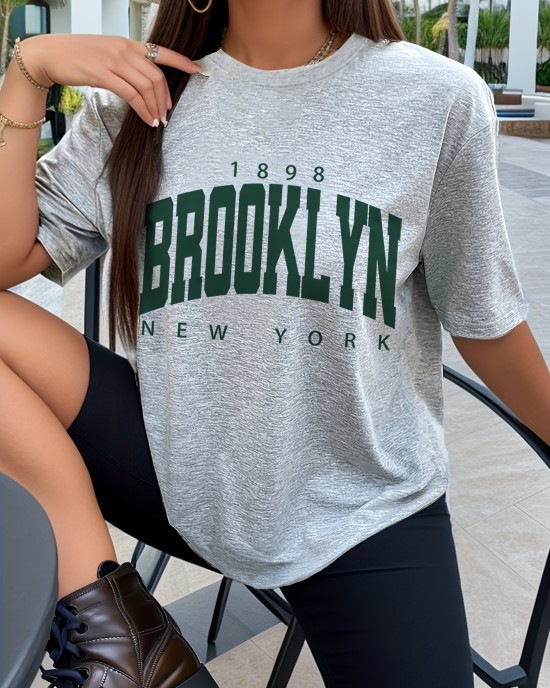 Brooklyn 1898 Print T-Shirt, Short Sleeve Crew Neck Casual Top For Spring & Summer, Women’s Clothing – PRYCUS MITCHELL INC