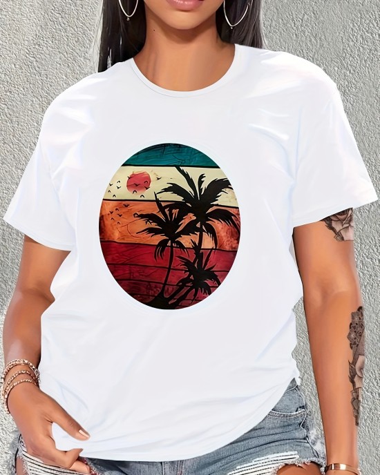 Coconut Tree And Sun Graphic Round Neck Sports T-shirt, Comfortable Soft Short Sleeves Causal Workout Tops, Women’s Activewear – PRYCUS MITCHELL INC