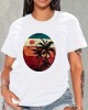 Coconut Tree And Sun Graphic Round Neck Sports T-shirt, Comfortable Soft Short Sleeves Causal Workout Tops, Women’s Activewear – PRYCUS MITCHELL INC