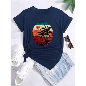 Coconut Tree And Sun Graphic Round Neck Sports T-shirt, Comfortable Soft Short Sleeves Causal Workout Tops, Women’s Activewear – PRYCUS MITCHELL INC