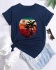 Coconut Tree And Sun Graphic Round Neck Sports T-shirt, Comfortable Soft Short Sleeves Causal Workout Tops, Women’s Activewear – PRYCUS MITCHELL INC