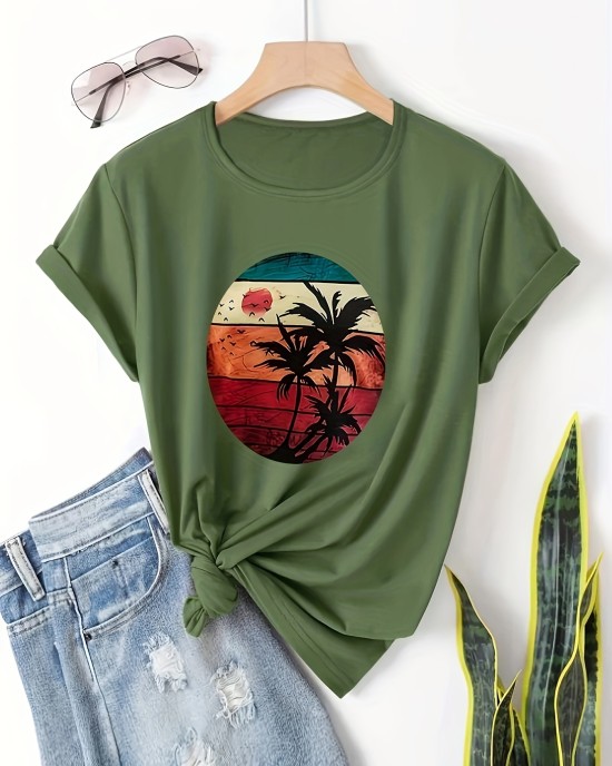 Coconut Tree And Sun Graphic Round Neck Sports T-shirt, Comfortable Soft Short Sleeves Causal Workout Tops, Women’s Activewear – PRYCUS MITCHELL INC