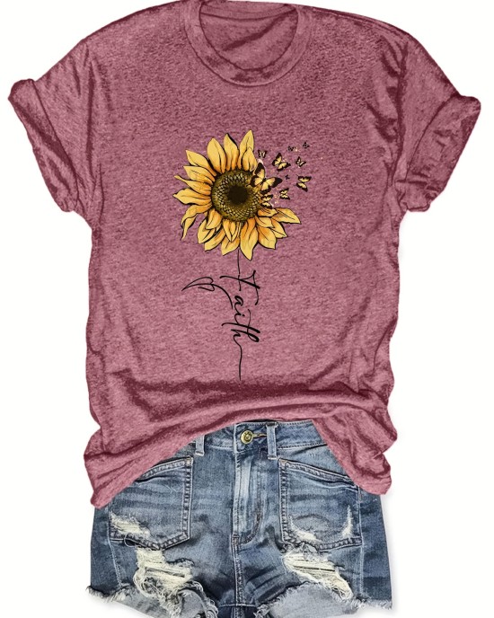 Sunflower & Butterfly Print T-shirt, Casual Short Sleeve Top For Spring & Summer, Women’s Clothing – PRYCUS MITCHELL INC