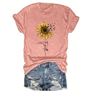 Sunflower & Butterfly Print T-shirt, Casual Short Sleeve Top For Spring & Summer, Women’s Clothing – PRYCUS MITCHELL INC