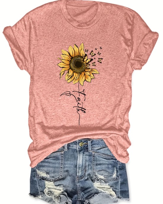 Sunflower & Butterfly Print T-shirt, Casual Short Sleeve Top For Spring & Summer, Women’s Clothing – PRYCUS MITCHELL INC