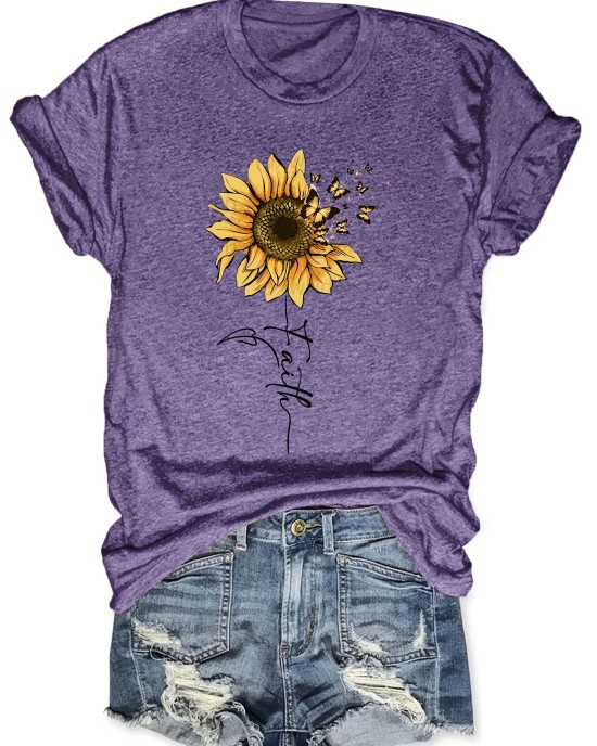 Sunflower & Butterfly Print T-shirt, Casual Short Sleeve Top For Spring & Summer, Women’s Clothing – PRYCUS MITCHELL INC