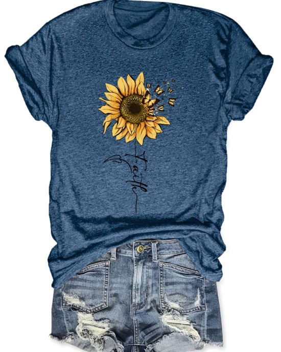 Sunflower & Butterfly Print T-shirt, Casual Short Sleeve Top For Spring & Summer, Women’s Clothing – PRYCUS MITCHELL INC