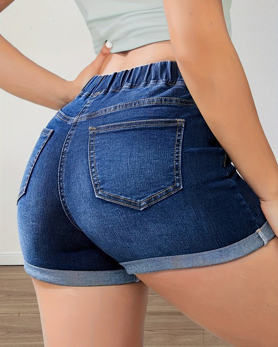 Drawstring Elastic Waist Roll Up Hem Denim Shorts, Whiskering High Stretch Hot Denim Shorts, Women’s Denim Jeans & Clothing – PRYCUS MITCHELL INC