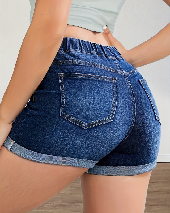 Drawstring Elastic Waist Roll Up Hem Denim Shorts, Whiskering High Stretch Hot Denim Shorts, Women’s Denim Jeans & Clothing – PRYCUS MITCHELL INC