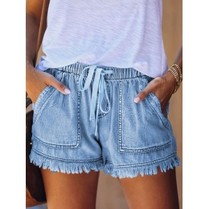 Women’s Plain Light Washed Blue Raw Hem Shorts Casual Trendy Short Pants Elastic Waist Drawstring Comfy Shorts – PRYCUS MITCHELL INC