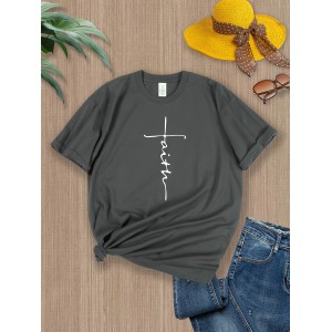 Women’s Faith Print Short Sleeve T-Shirt, Casual Tee, Slight Stretch Round Neck Top – PRYCUS MITCHELL INC