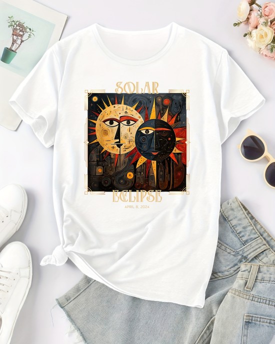 Personality Sun Print Round Neck T-Shirt, Fashion Casual Stretch Short Sleeve Sport T-Shirt, Women’s Clothing – PRYCUS MITCHELL INC