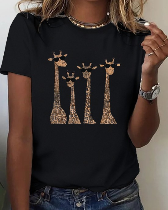 Cute Giraffes Print Crew Neck T-shirt, Casual Short Sleeve Top For Spring & Summer, Women’s Clothing – PRYCUS MITCHELL INC