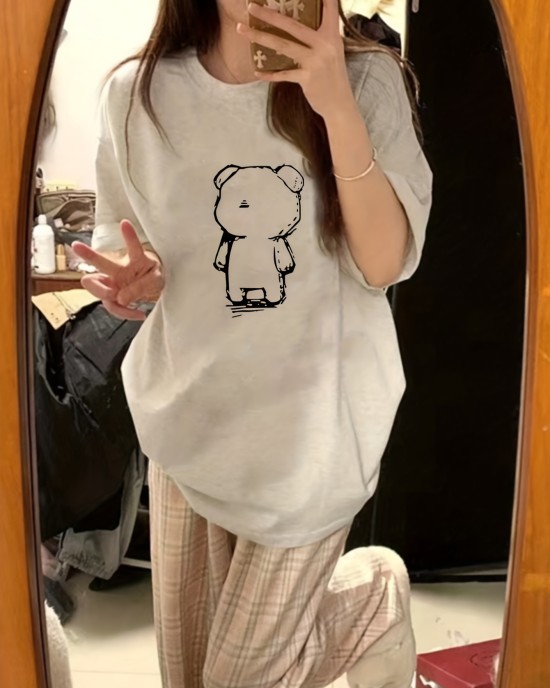 Cute Bear Print Crew Neck T-shirt, Casual Short Sleeve Loose Top For Spring & Summer, Women’s Clothing – PRYCUS MITCHELL INC