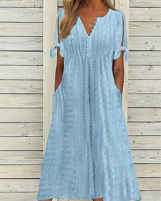 Casual Dress Summer Dress Pleated Dress Plain Lace Ruched V Neck Midi Dress Fashion Elegant Outdoor Daily Short Sleeve Loose Fit White Pink Blue Summer Spring S M L XL XXL – PRYCUS MITCHELL INC