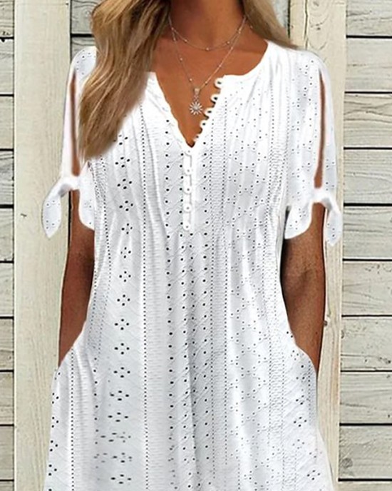 Casual Dress Summer Dress Pleated Dress Plain Lace Ruched V Neck Midi Dress Fashion Elegant Outdoor Daily Short Sleeve Loose Fit White Pink Blue Summer Spring S M L XL XXL – PRYCUS MITCHELL INC