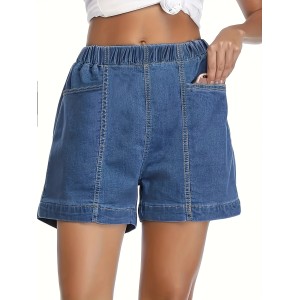 Plain Washed Blue Elastic Waist Denim Shorts, Sporty Style Comfy Versatile Women’s Denim Shorts With Pockets – PRYCUS MITCHELL INC