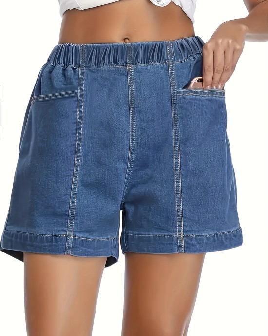 Plain Washed Blue Elastic Waist Denim Shorts, Sporty Style Comfy Versatile Women’s Denim Shorts With Pockets – PRYCUS MITCHELL INC