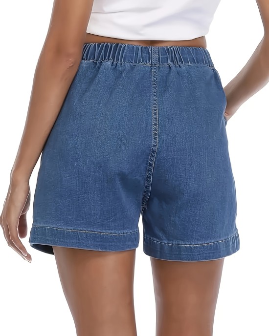 Plain Washed Blue Elastic Waist Denim Shorts, Sporty Style Comfy Versatile Women’s Denim Shorts With Pockets – PRYCUS MITCHELL INC