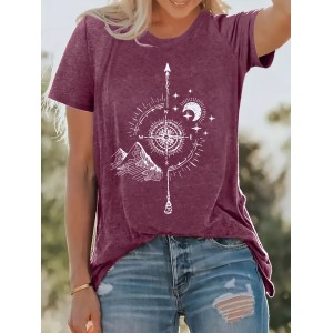 Compass Print T-shirt, Casual Crew Neck Short Sleeve Summer T-shirt, Women’s Clothing – PRYCUS MITCHELL INC