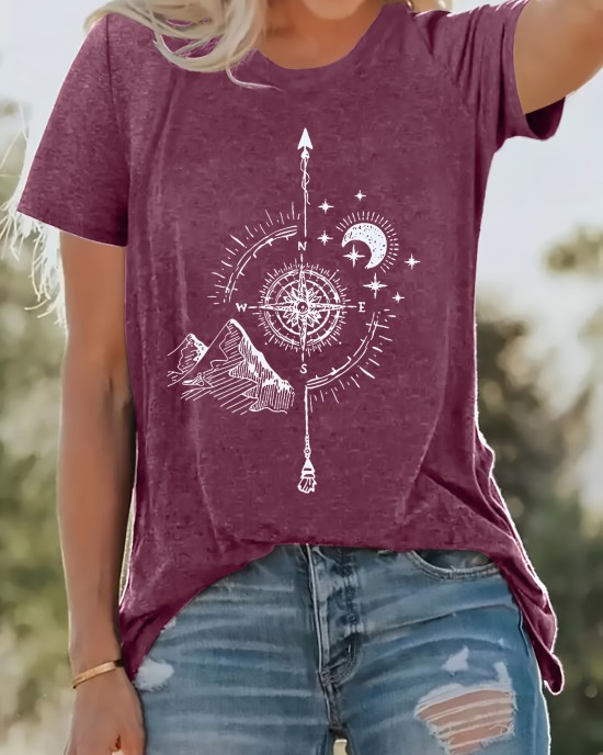 Compass Print T-shirt, Casual Crew Neck Short Sleeve Summer T-shirt, Women’s Clothing – PRYCUS MITCHELL INC