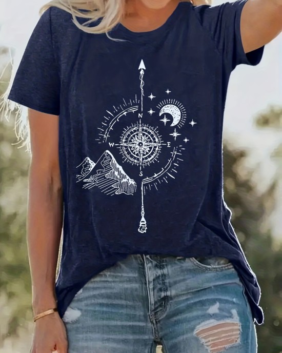 Compass Print T-shirt, Casual Crew Neck Short Sleeve Summer T-shirt, Women’s Clothing – PRYCUS MITCHELL INC