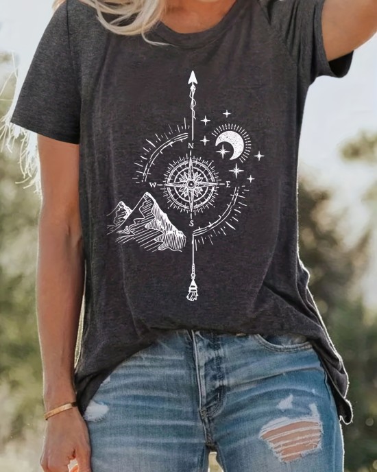 Compass Print T-shirt, Casual Crew Neck Short Sleeve Summer T-shirt, Women’s Clothing – PRYCUS MITCHELL INC