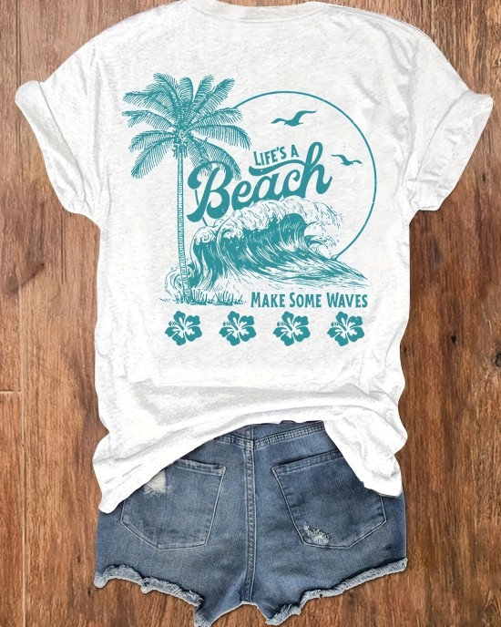 Beach Surf Print Crew Neck T-shirt, Short Sleeve Casual Top For Summer & Spring, Women’s Clothing – PRYCUS MITCHELL INC