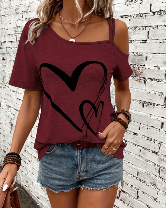 Heart Print One Shoulder T-shirt, Elegant Short Sleeve Top For Spring & Summer, Women’s Clothing – PRYCUS MITCHELL INC