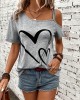 Heart Print One Shoulder T-shirt, Elegant Short Sleeve Top For Spring & Summer, Women’s Clothing – PRYCUS MITCHELL INC