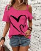 Heart Print One Shoulder T-shirt, Elegant Short Sleeve Top For Spring & Summer, Women’s Clothing – PRYCUS MITCHELL INC