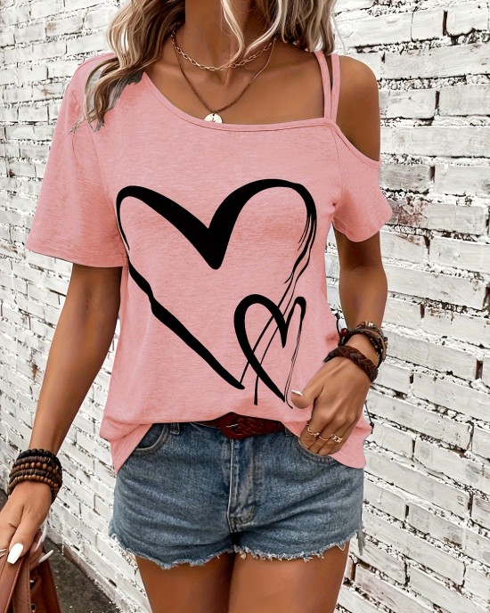 Heart Print One Shoulder T-shirt, Elegant Short Sleeve Top For Spring & Summer, Women’s Clothing – PRYCUS MITCHELL INC