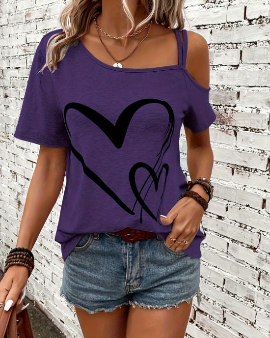 Heart Print One Shoulder T-shirt, Elegant Short Sleeve Top For Spring & Summer, Women’s Clothing – PRYCUS MITCHELL INC