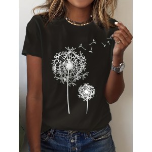 Effortless Chic Dandelion Print T-Shirt: Micro-Elastic & Semi-Sheer for Summer Comfort – Durable & Easy-Care Casual Crew Neck Top – PRYCUS MITCHELL INC