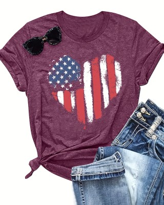 American Flag Print Crew Neck T-shirt, Short Sleeve Casual Top For Spring & Summer, Women’s Clothing – PRYCUS MITCHELL INC