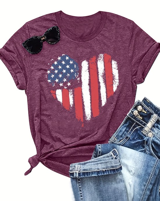 American Flag Print Crew Neck T-shirt, Short Sleeve Casual Top For Spring & Summer, Women’s Clothing – PRYCUS MITCHELL INC