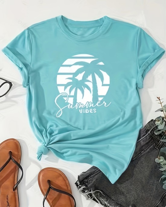 Coconut Tree Print Crew Neck T-shirt, Short Sleeve Casual Top For Spring & Summer, Women’s Clothing – PRYCUS MITCHELL INC