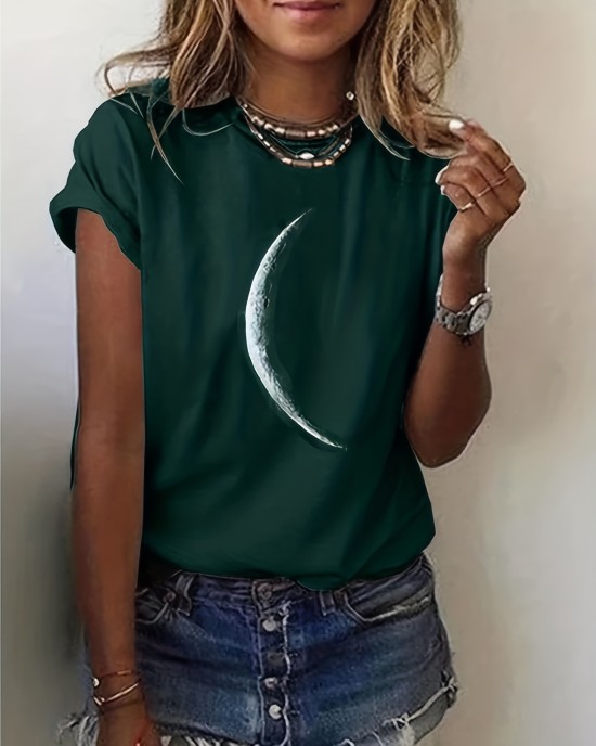 Women’s Moon Motif Tee – Soft Crew Neck, Short Sleeve Comfort – Stylish Springu002FSummer Casual Wear – PRYCUS MITCHELL INC