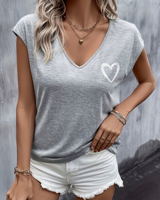 Heart Print V Neck T-shirt, Casual Cap Sleeve Top For Spring & Summer, Women’s Clothing – PRYCUS MITCHELL INC