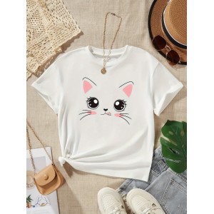 Cat Print Casual T-Shirt, Round Neck Short Sleeves Versatile Sports Tee, Women’s Comfy Tops – PRYCUS MITCHELL INC