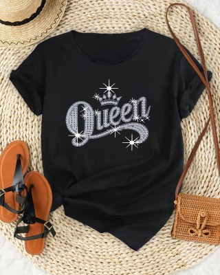 Crown & Queen Letter Print Casual T-Shirt, Round Neck Short Sleeves Sports Tee, Women’s Comfy Tops – PRYCUS MITCHELL INC