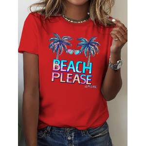 Beach Tree Print Crew Neck T-shirt, Casual Short Sleeve Top For Spring & Summer, Women’s Clothing – PRYCUS MITCHELL INC