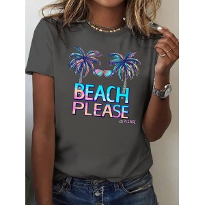 Beach Tree Print Crew Neck T-shirt, Casual Short Sleeve Top For Spring & Summer, Women’s Clothing – PRYCUS MITCHELL INC