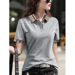 Button Front Contrast Trim Collared T-Shirt, Versatile Short Sleeve T-Shirt For Spring & Summer, Women’s Clothing – PRYCUS MITCHELL INC